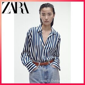 Zara Navy and White Striped Blouse